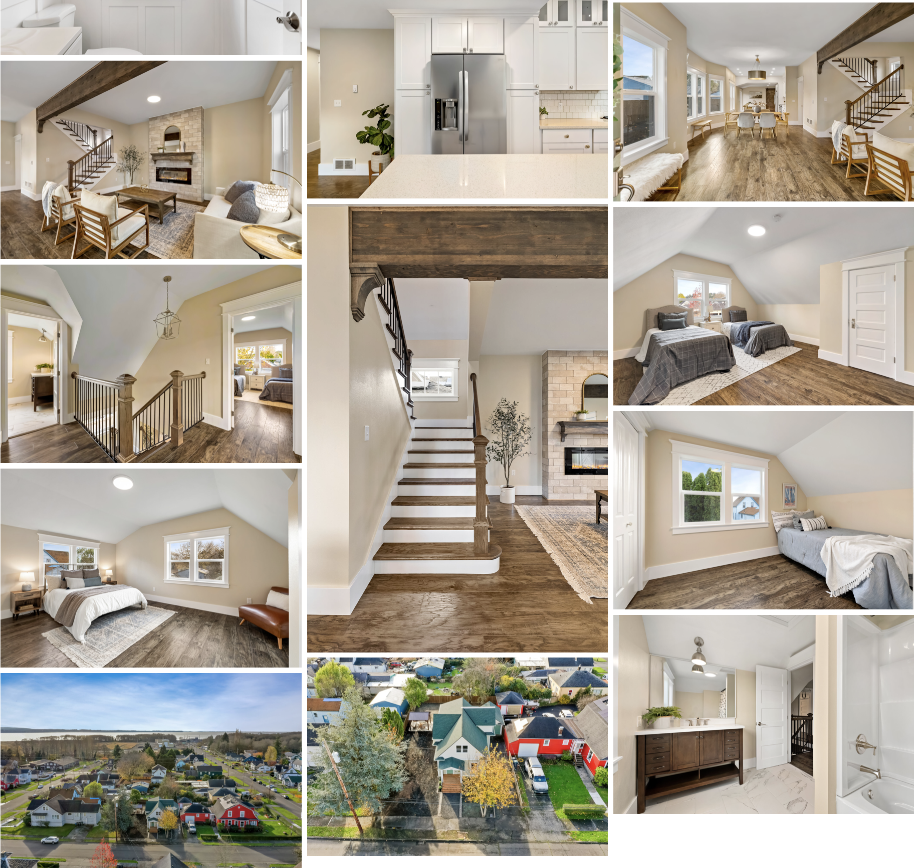 M St Hoquiam — staircase, upstairs bedrooms, and aerial views