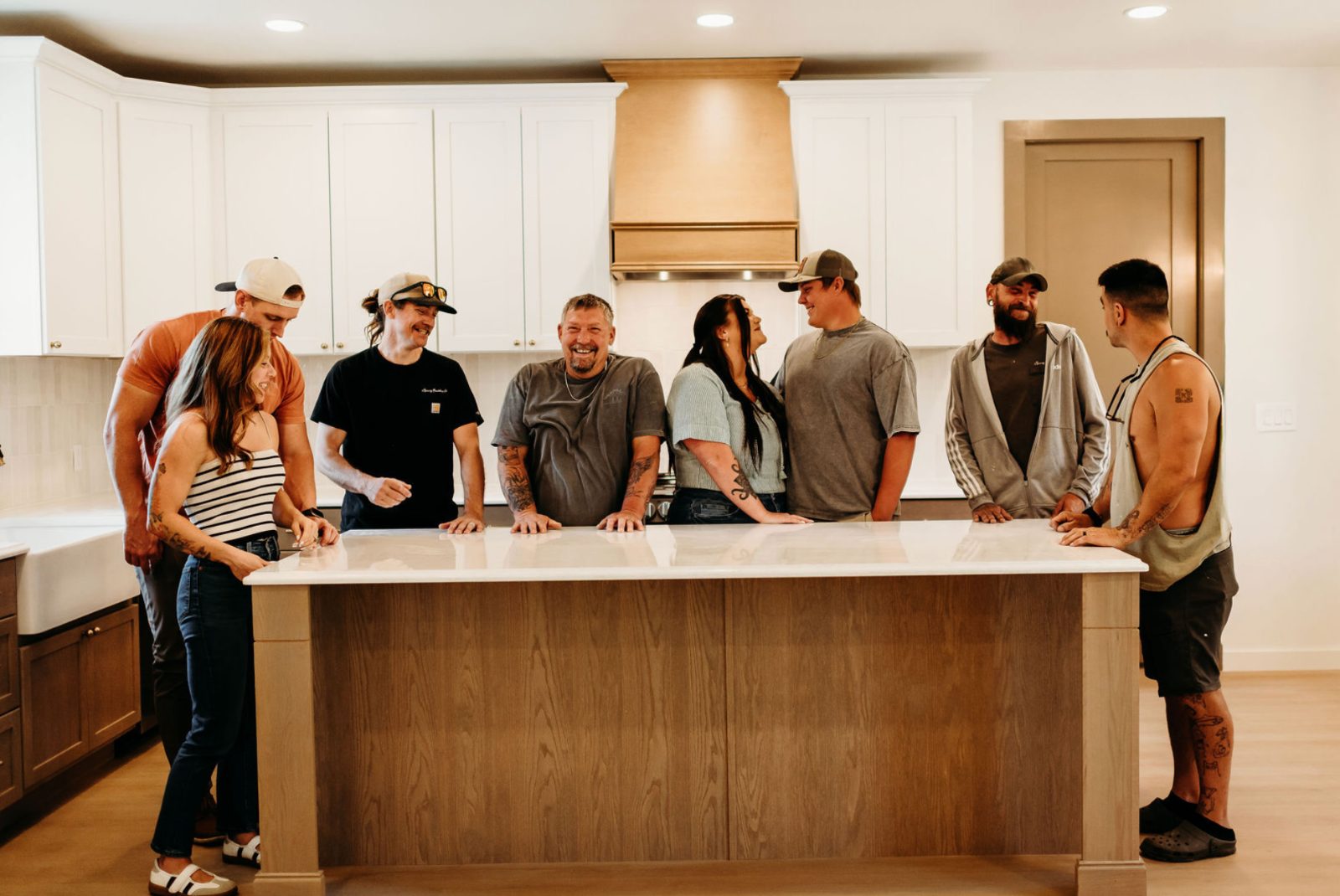The Spivey crew in a finished kitchen