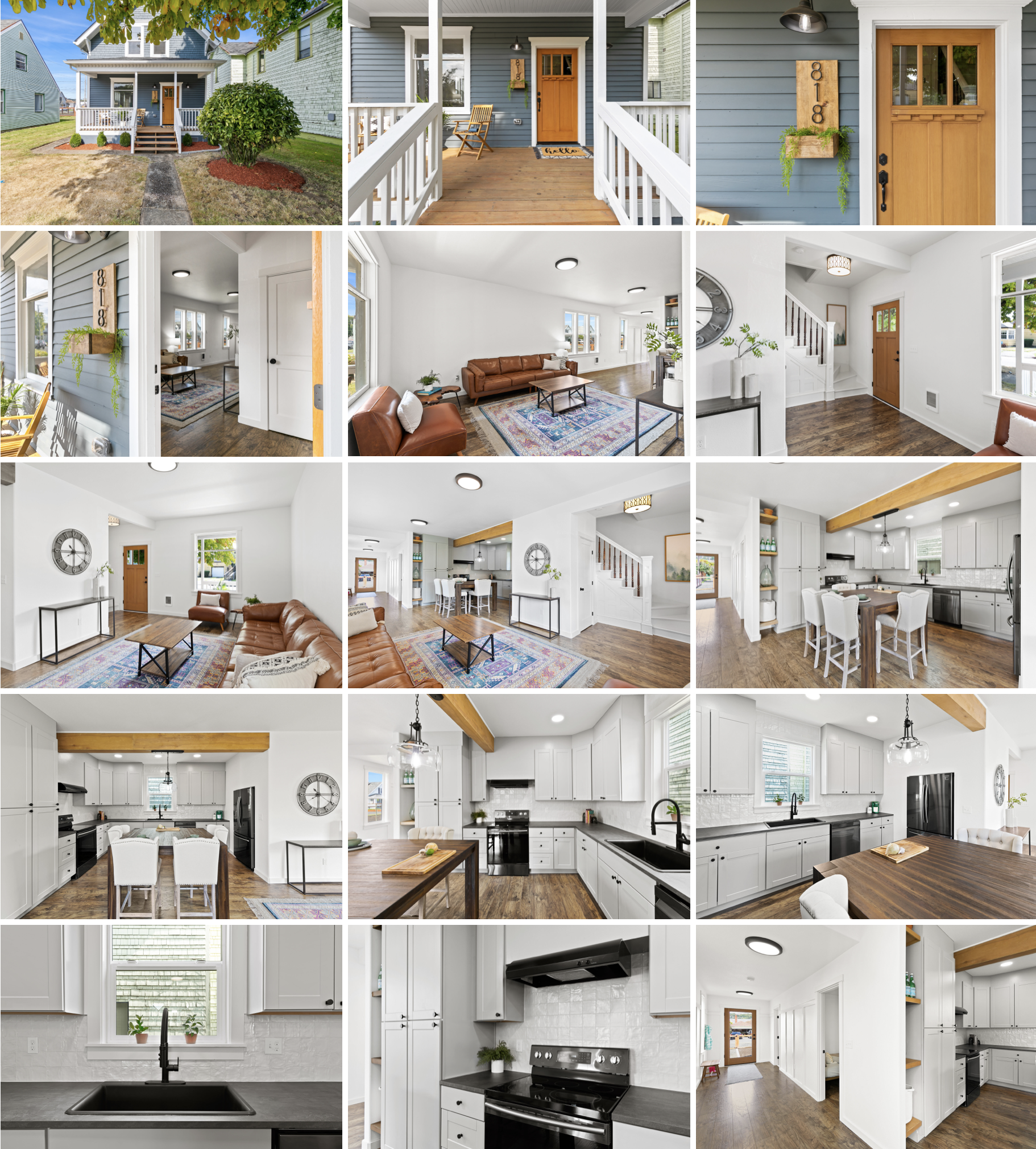 W 2nd St — exteriors, entry, living, and white kitchen